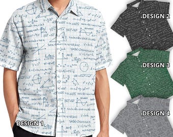 May include: Four different designs of a short-sleeved button-down shirt with a white background and blue mathematical equations and symbols printed on it. The designs are labeled "Design 1", "Design 2", "Design 3", and "Design 4".