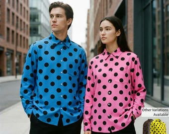 Long Sleeve Polka Dot Brown Red Blue Green Orange Purple Pink Yellow Black Polka Dot Pattern Men Women Button Shirt Collar Custom