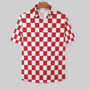May include: A red and white checkered short-sleeved button-down shirt.