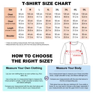 May include: T-shirt size chart showing chest, length, and shoulder measurements in centimetres and inches. Includes instructions on how to measure clothing and body for the right fit. A diagram illustrates measurement points.