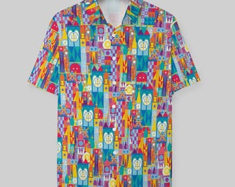 It's A Small World Disney Park Disneyland Inspired Men's Button Shirt  Collar Short Sleeve