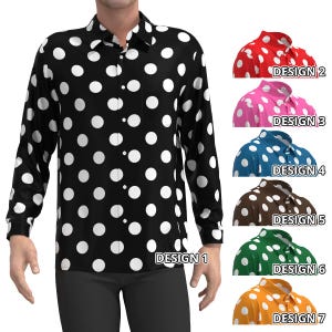 Camisa de manga larga con estampado de lunares negros, rojos, azules, marrones, verdes, naranjas, morados, rosas y blancos para hombre y mujer, cuello abotonado personalizado