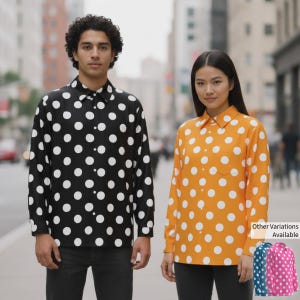 Camisa de manga larga con estampado de lunares negros, rojos, azules, marrones, verdes, naranjas, morados, rosas y blancos para hombre y mujer, cuello abotonado personalizado