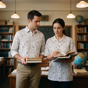 Può includere: Due persone indossano camicie bianche con un motivo scientifico nero ripetuto. Una persona tiene dei libri, l'altra legge. Lo sfondo include librerie, un mappamondo e una lavagna, creando un'atmosfera accademica.