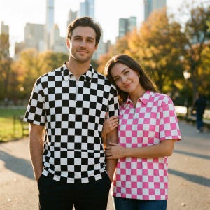 May include: A couple wearing matching checkered polo shirts with a zip-up collar. One shirt is black and white, the other is pink and white. They are standing in a park with a city skyline in the background.