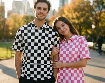 Black White Checker Box Polo T-shirt Check Racing Race Flag Pattern Red Pink Gray Purple Coral Teal Men Women Short Sleeve Collar Shirt