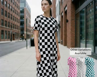 Checker Box Women Dress Clothing Racing Flag White Black Red Pink Gray Orange Purple Green Check Pattern Race Dress Short Sleeve Retro Style