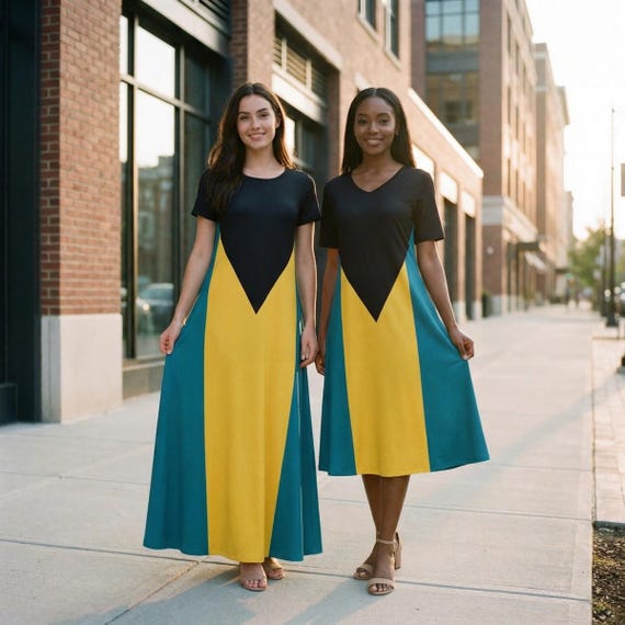Bahamas Bahamian Flag Inspired Holiday Vacation Dinner Cruise Party National Day Cultural Gift Women Short Sleeve Modest Long Maxi Dress
