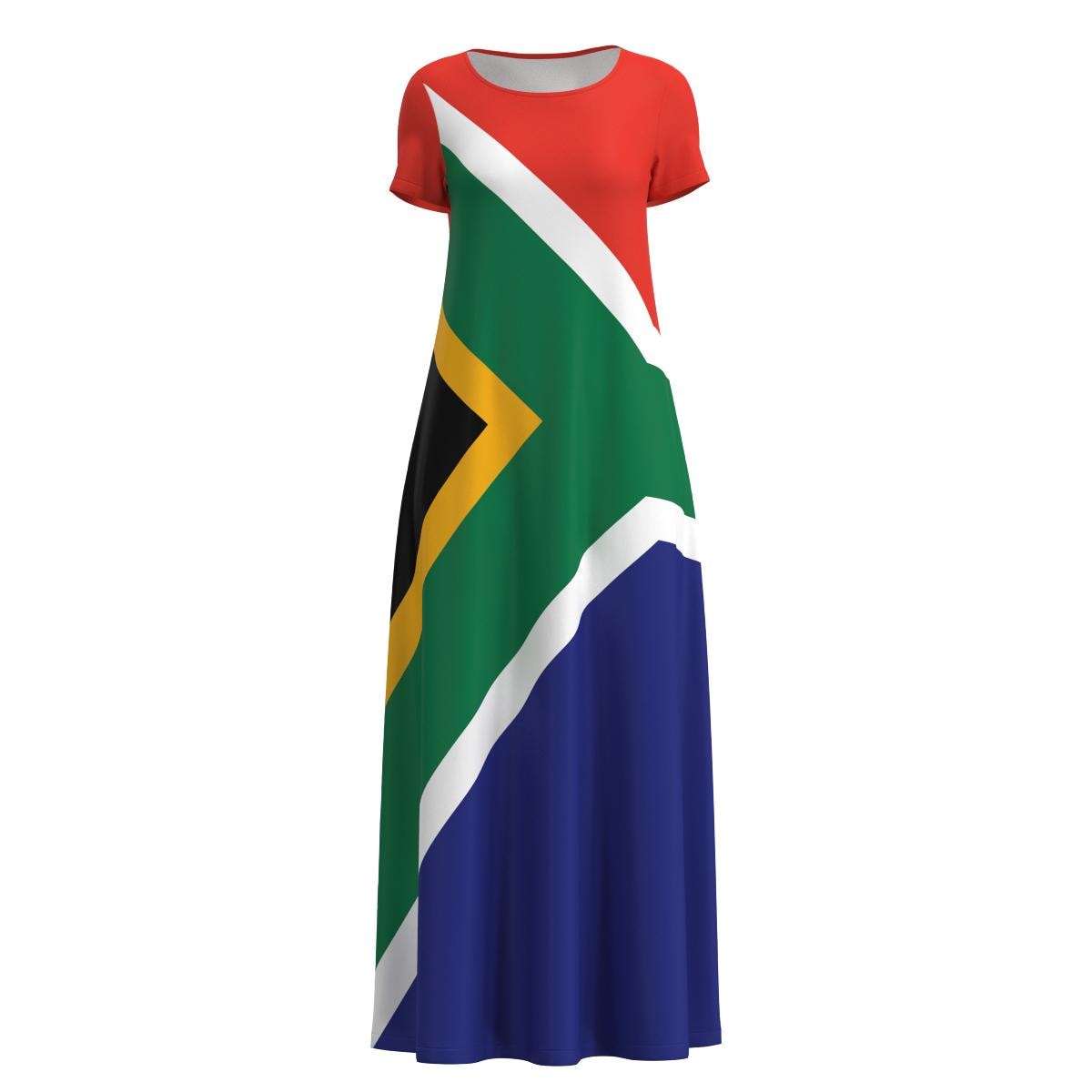 South Africa Flag Inspired African National Country Symbol Green Black White Gold Red Blue Short Sleeve Sleeveless Modest Long Maxi Dress