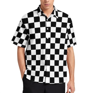 Camicia da uomo con bottoni e motivo a quadri bianchi e neri, colletto a maniche corte