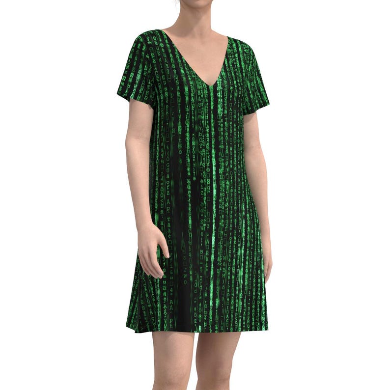 May include: A black and green short-sleeved dress with a V-neck and a pattern of green code on a black background.