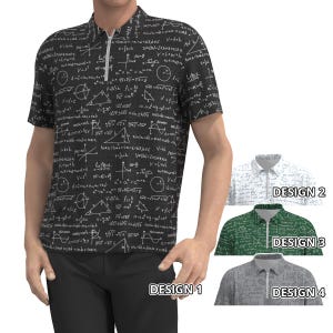 Può includere: Quattro diversi design di una camicia a maniche corte con colletto e una stampa bianca di equazioni matematiche e simboli su uno sfondo nero, bianco, verde e grigio. Le camicie sono etichettate "Design 1", "Design 2", "Design 3" e "Design 4".