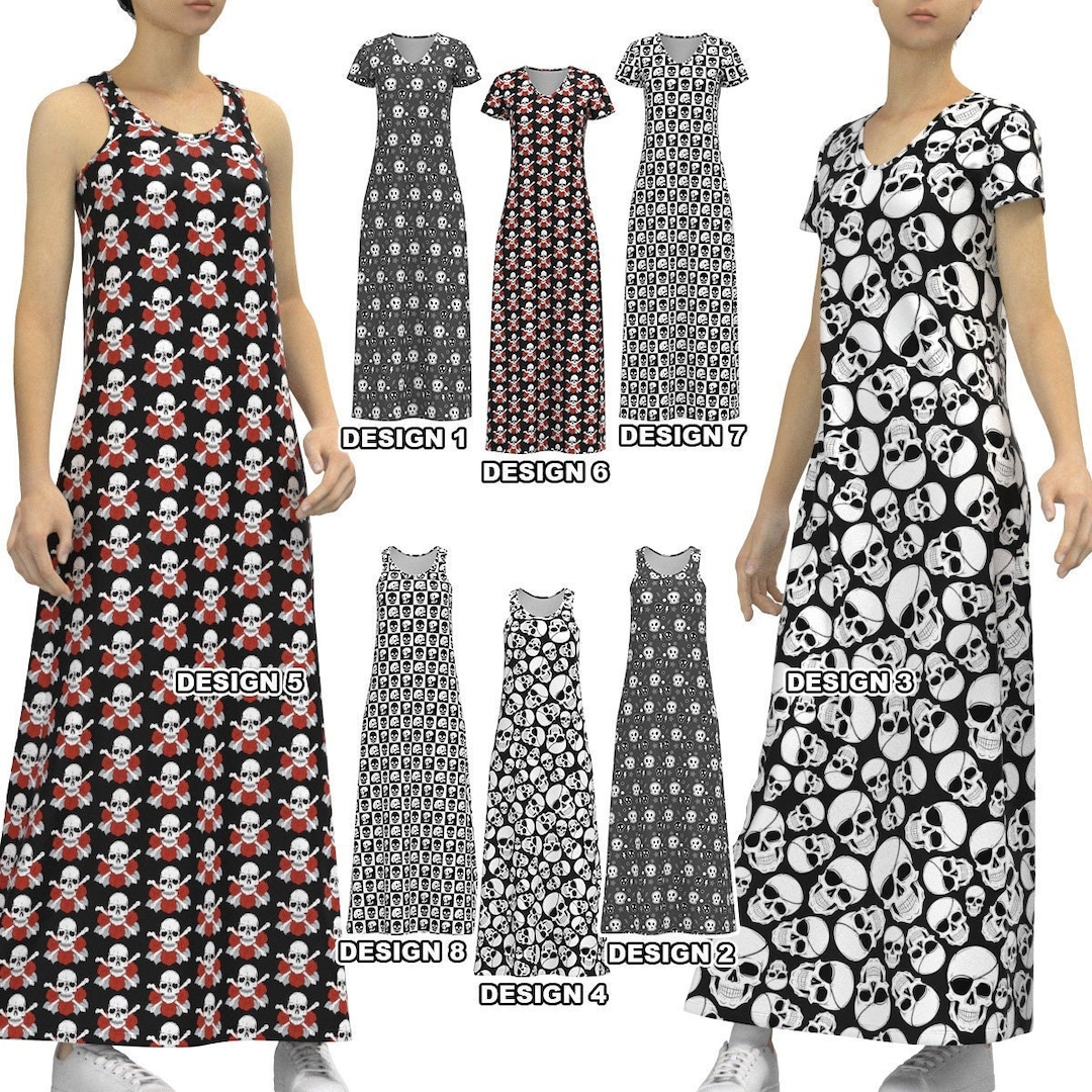 Halloween Womens Long Maxi Dress Head Skeleton Bones Skulls Gothic