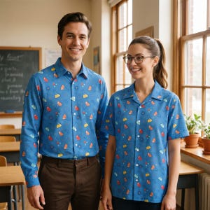 Può includere: Due persone indossano camicie blu abbinate con un motivo colorato a tema scientifico. Le camicie presentano un disegno ripetuto di beute, fiaschi e altre attrezzature da laboratorio in rosso, giallo e arancione. L'uomo indossa pantaloni marroni e la donna occhiali.