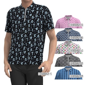 Può includere: Sei diversi design per una camicia a maniche corte con colletto. I design presentano vari motivi tra cui numeri, forme geometriche e disegni astratti. Le camicie sono disponibili in una varietà di colori, tra cui nero, rosa, blu, bianco, grigio e azzurro.