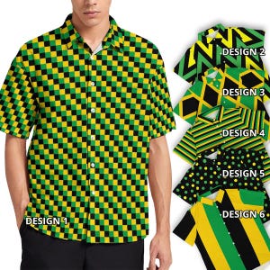 Jamaica Flag Inspired The Cross Black Green Gold Yellow Color Jamaican Men&#39;s Button Shirt Collar Short Sleeve