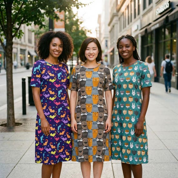 quirky midi dresses Cat Print Midi Dress Pet Animal Pattern Casual Short Sleeve Womens Clothing
