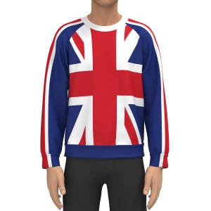 May include: A crew neck sweatshirt displaying the Union Jack flag. The design features the red and white cross of St. George and the crosses of St. Andrew and St. Patrick on a blue background, with white stripes.
