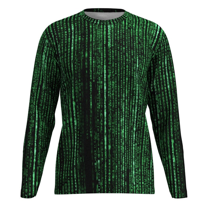 May include: Black long-sleeved shirt with a green digital rain pattern. The design features vertical lines of green characters, creating a code-like appearance. The shirt has a crew neck and a standard fit.