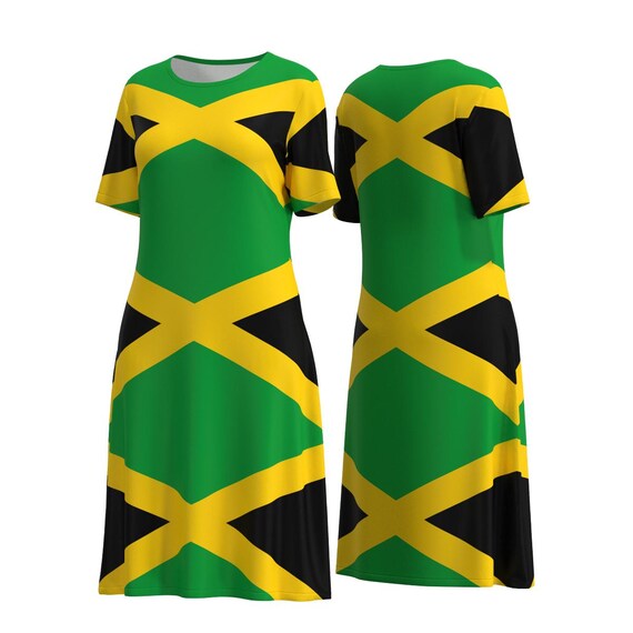Jamaica Flag Inspired Short Sleeve Dress Black Green Gold Color Jamaican Pride National Cultural Day Celebration