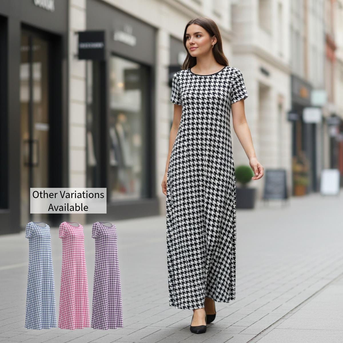Houndstooth Pattern Modest Women Long Maxi Dress Short Sleeve