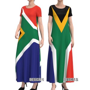 South Africa Flag Inspired African National Country Symbol Green Black White Gold Red Blue Short Sleeve Sleeveless Modest Long Maxi Dress