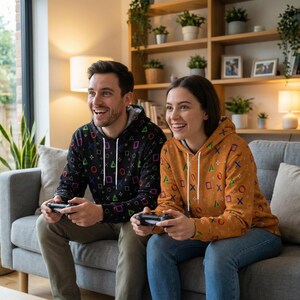 Op de afbeelding: Twee mensen die bijpassende hoodies dragen tijdens het spelen van videogames. De ene hoodie is zwart met kleurrijke geometrische vormen, de andere is oranje met dezelfde vormen. Ze zitten op een grijze bank.