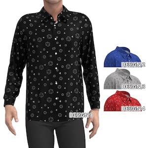 Long Sleeve Button Shirt DnD Dungeon Blue Red Black Gray Dice Dragon Triangle Pattern Master Men Women Collar Hawaiian Up Down