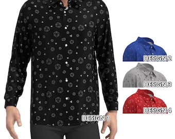 Long Sleeve Button Shirt DnD Dungeon Blue Red Black Gray Dice Dragon Triangle Pattern Master Men Women Collar Hawaiian Up Down
