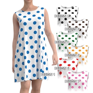 Colorful Polka Dot Sleeveless Women Mini Dress Black Pink Red Blue Brown Green Orange Dots on White Pattern Polkadot Spot Retro Millennial