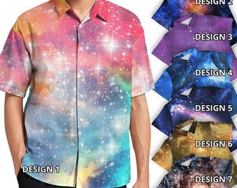 Galaxy Star Outer Space Universe Science Student Teacher Gift Astrologer Cosmologist Scientist Geek Nerd Colorful Print Pattern Button Shirt