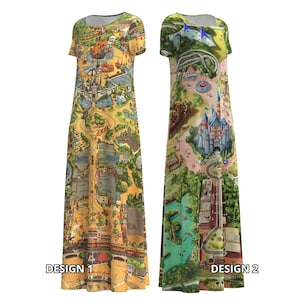 Disneyland kleurrijke vintage kaart disney cruise party trip gezin vakantie vakantie diner kostuum cosplay korte mouw lange maxi damesjurk