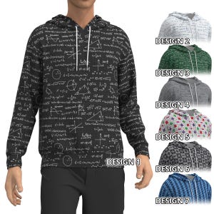 Op de afbeelding: Een zwarte hoodie met witte wiskundige vergelijkingen en formules. De afbeelding toont zeven verschillende hoodie-ontwerpen, waaronder witte, groene, grijze, bloemen-, geometrische en blauwe patronen. Design 1 is de zwarte hoodie met vergelijkingen.