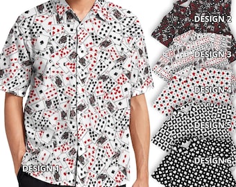 May include: Six different designs of a short-sleeved button-down shirt with a white background and a pattern of playing cards. The designs include a black and white pattern, a red and black pattern, and a black and white pattern with a small dot design. The text "DESIGN 1", "DESIGN 2", "DESIGN 3", "DESIGN 4", "DESIGN 5", and "DESIGN 6" are displayed on the image.