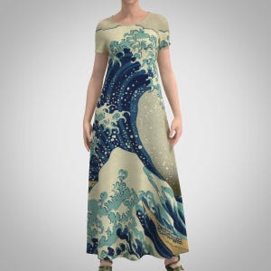 Hokusai Grande vague au large de Kanagawa Japon, peinture d&#39;art modeste longue robe longue à manches courtes sans manches
