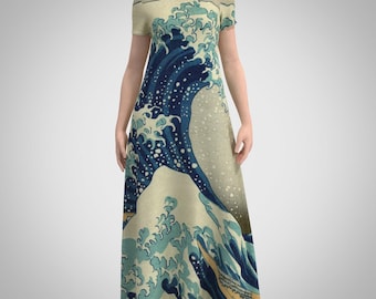 Vestido maxi largo modesto de manga corta sin mangas con pintura japonesa de la Gran Ola de Kanagawa