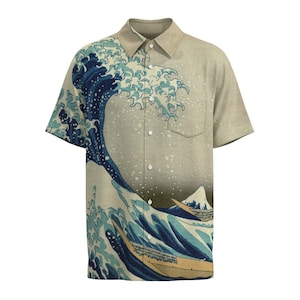 Hokusai Great Wave Off Kanagawa Painting Men Women Button Shirt Japanese Fine Art Japan Traditional Pattern Collar Short Sleeve Custom Gift