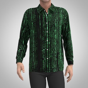 May include: A black long-sleeved button-down shirt with a green and black matrix code pattern.