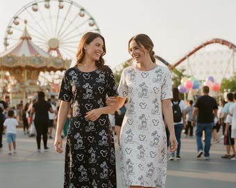 Mickey Mouse Drawing Sketch Doodle Women Dress Disney Park Disneyland Inspired Short Sleeve Black White