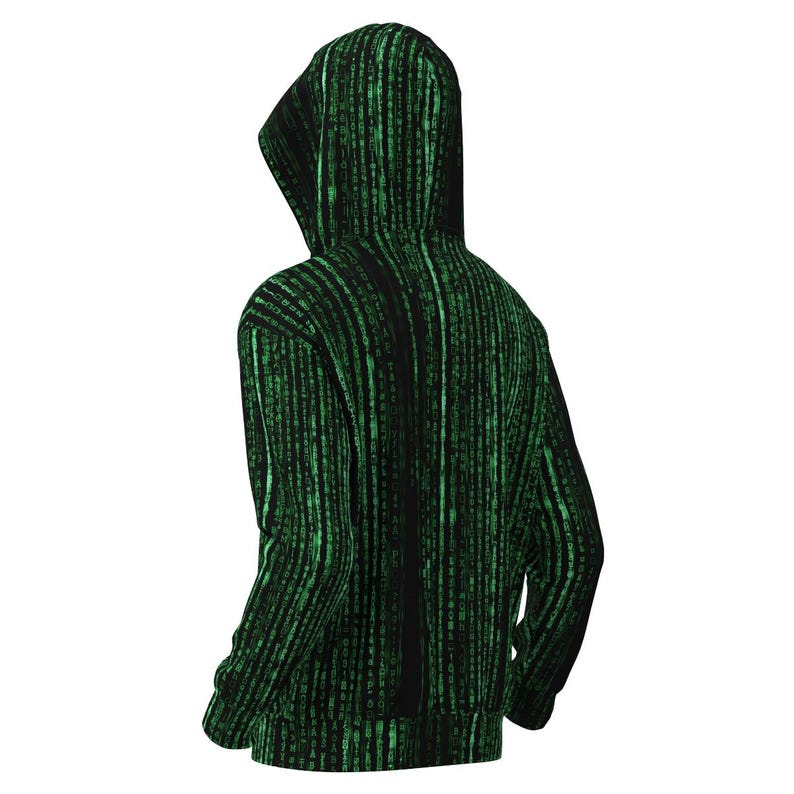 以下が含まれることがあります： 緑と黒のデジタルレインパターンのフード付きスウェットシャツ。デザインはフードと袖を含め、衣服全体を覆っています。背面図は、緑色の文字の垂直線で、完全なデザインを示しています。