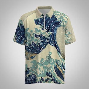 Hokusai Great Wave Off Kanagawa Japanese Painting Fine Art Japan Art Lover Short Sleeve Collar Collared Polo Tee T-shirt Shirt