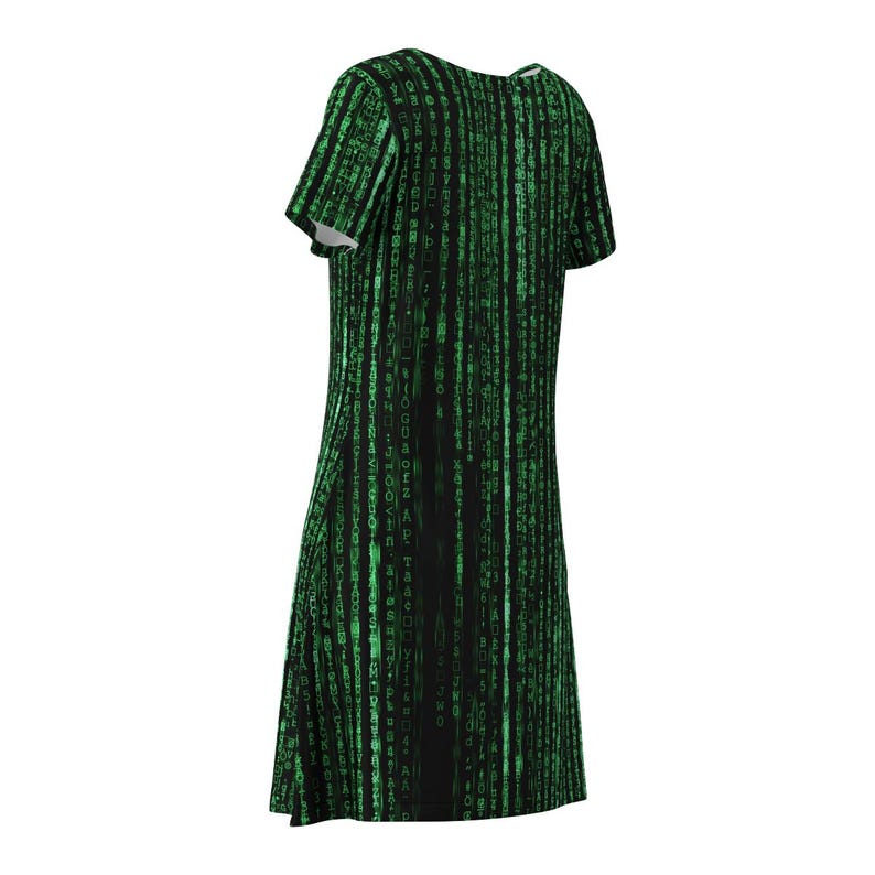 May include: A black and green dress with a short sleeve and a flowing skirt. The dress features a repeating pattern of green code on a black background.
