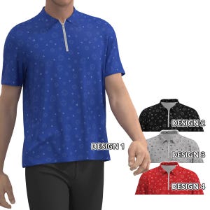 May include: Four different designs of a short-sleeved, collared shirt with a zip closure. The designs are blue with a white pattern, black with a white pattern, grey with a white pattern, and red with a white pattern. The shirts are labelled "DESIGN 1", "DESIGN 2", "DESIGN 3", and "DESIGN 4".