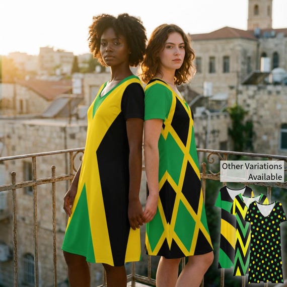 Jamaica Flag Black Green Gold Color Inspired Jamaican Pride Dress Short Sleeve