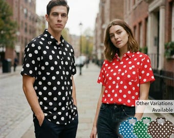 赤い水玉模様のシャツ：メンズ ホワイト コットン ボタンダウン - Etsy