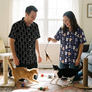 Cute Cats Pattern Button Shirt Pet Animal Print Pattern Short Sleeve Men Women Clothing