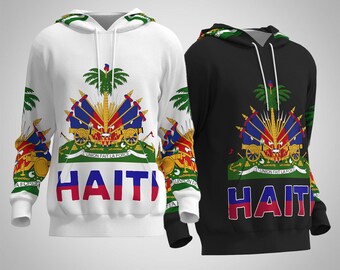 Haiti Coat of Arms Haitian Flag Drapeau d'Haïti Haitian Creole Drapo Ayiti L'Union Fait La Force Black White Hoodie Sweater Sweatshirt