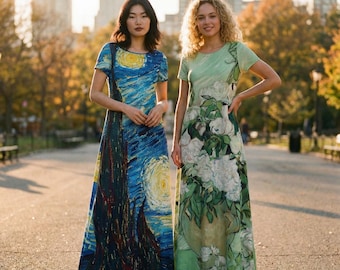 Cuadros de Van Gogh Vestido largo maxi La noche estrellada Campo de trigo Cipreses Lirios Naturaleza muerta Jarrón Rosas rosas