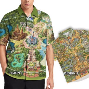 Disneyland Karte Bunte Vintage Disney Kreuzfahrt Party Urlaub Familienurlaub Reise Disneybounding inspiriert Männer Frauen Button Shirt Kurzarm