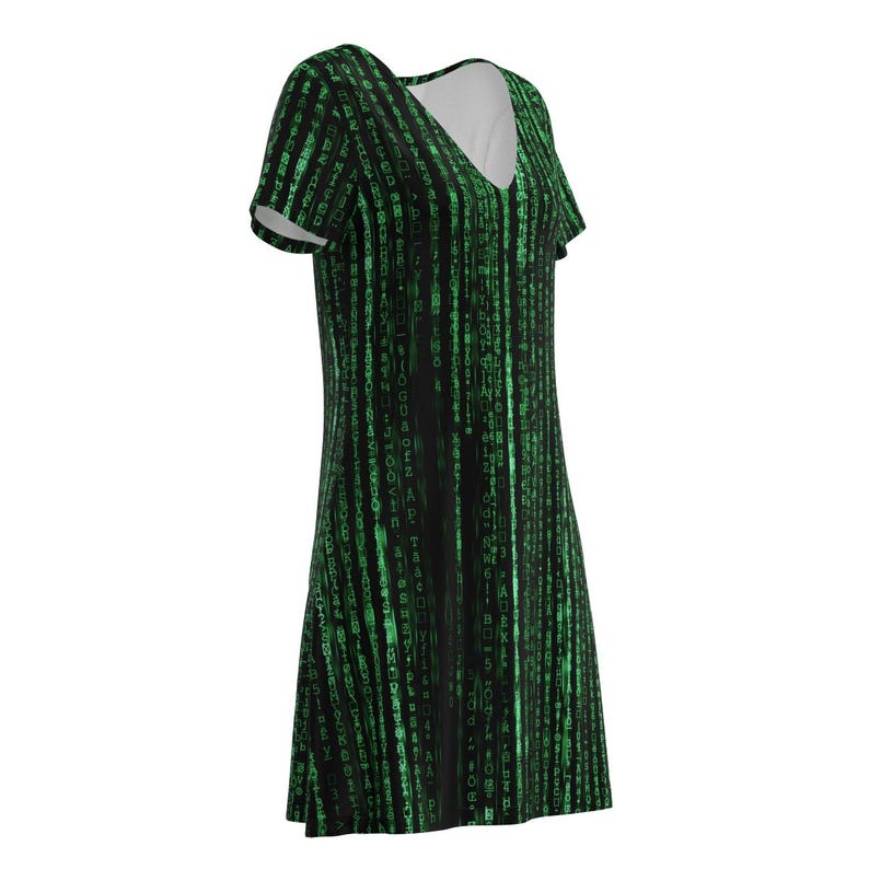 May include: A black and green short-sleeved dress with a V-neck and a pattern of green code on a black background.